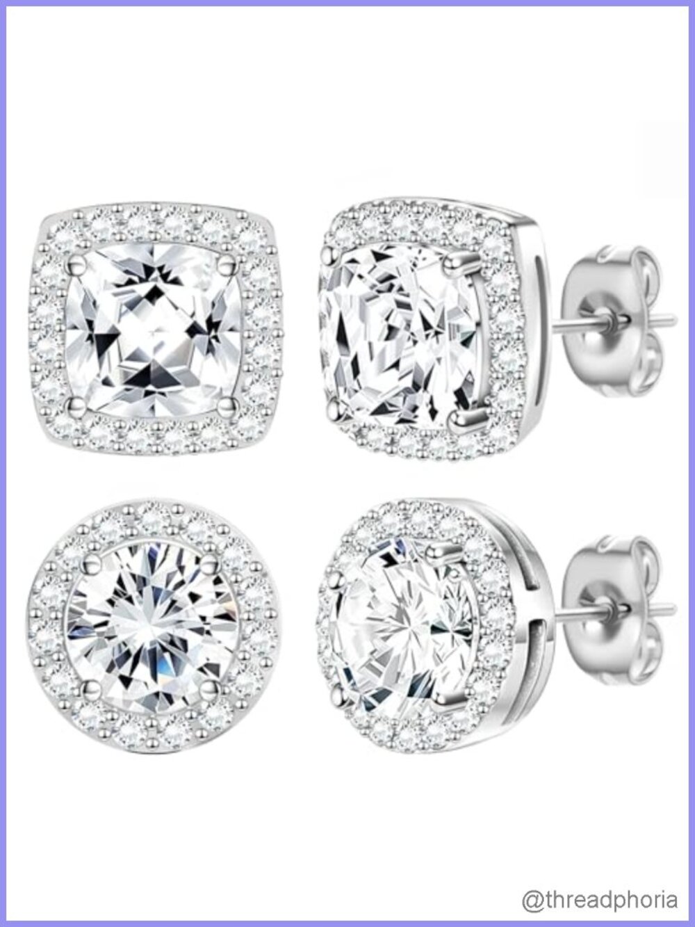 Halo Stud Earrings Cubic Zirconia Stainless Steel Push Back 2 Pairs Women